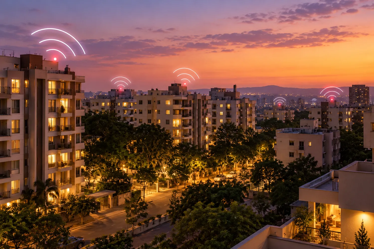 Residential buildings in Pune at dusk with Wi-Fi signals above the rooftops