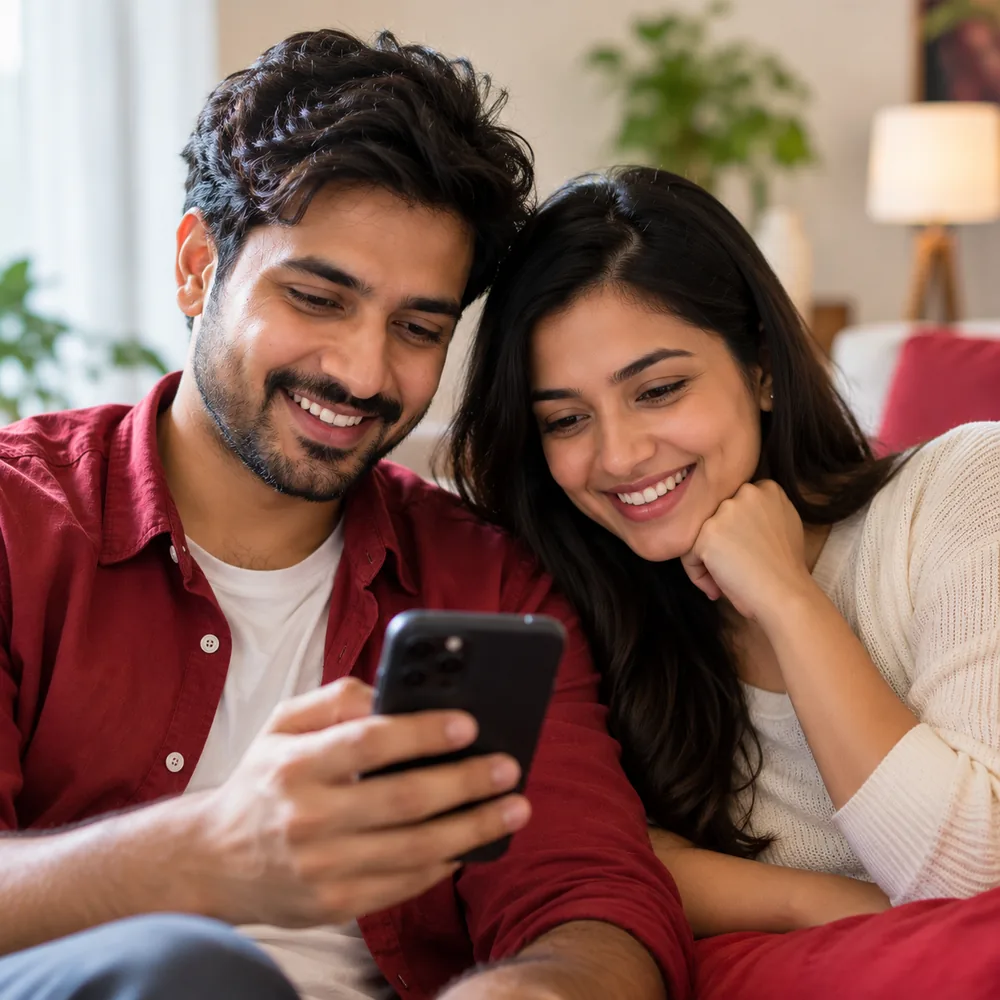 A couple smiling at a phone together on the sofa