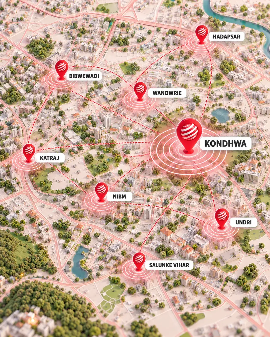 Map of Pune showing NetBloom service areas: Kondhwa, NIBM, Wanowrie, Undri, Katraj, Hadapsar, Bibwewadi and Salunke Vihar