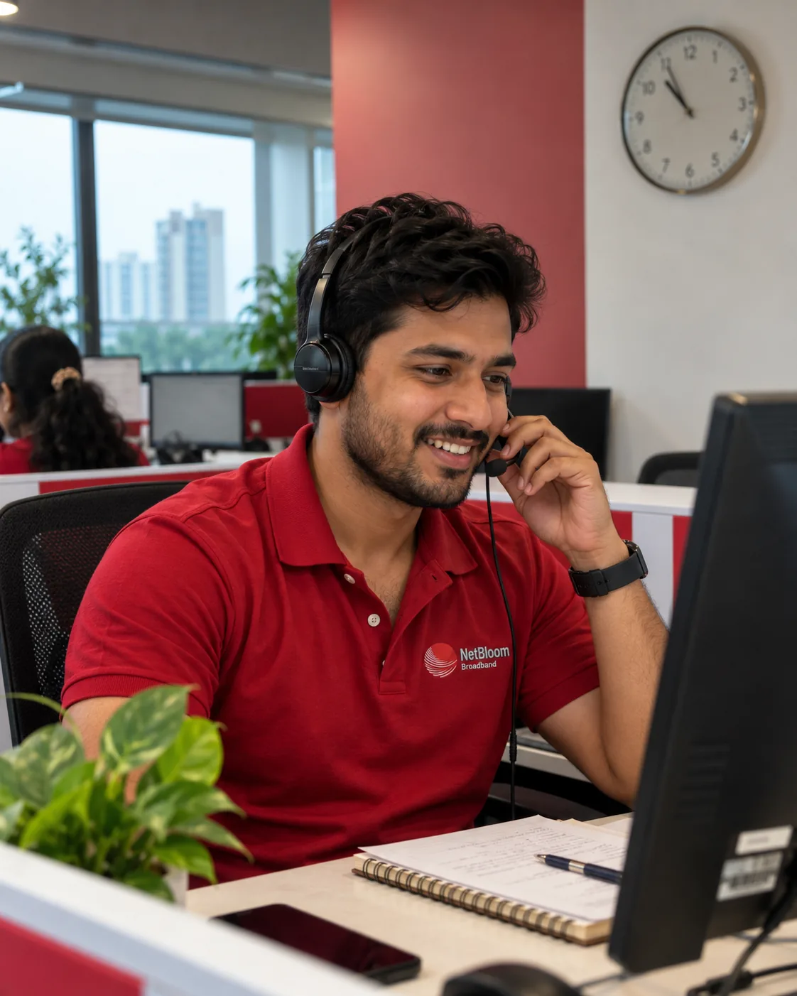 A NetBloom support executive on a call at his desk