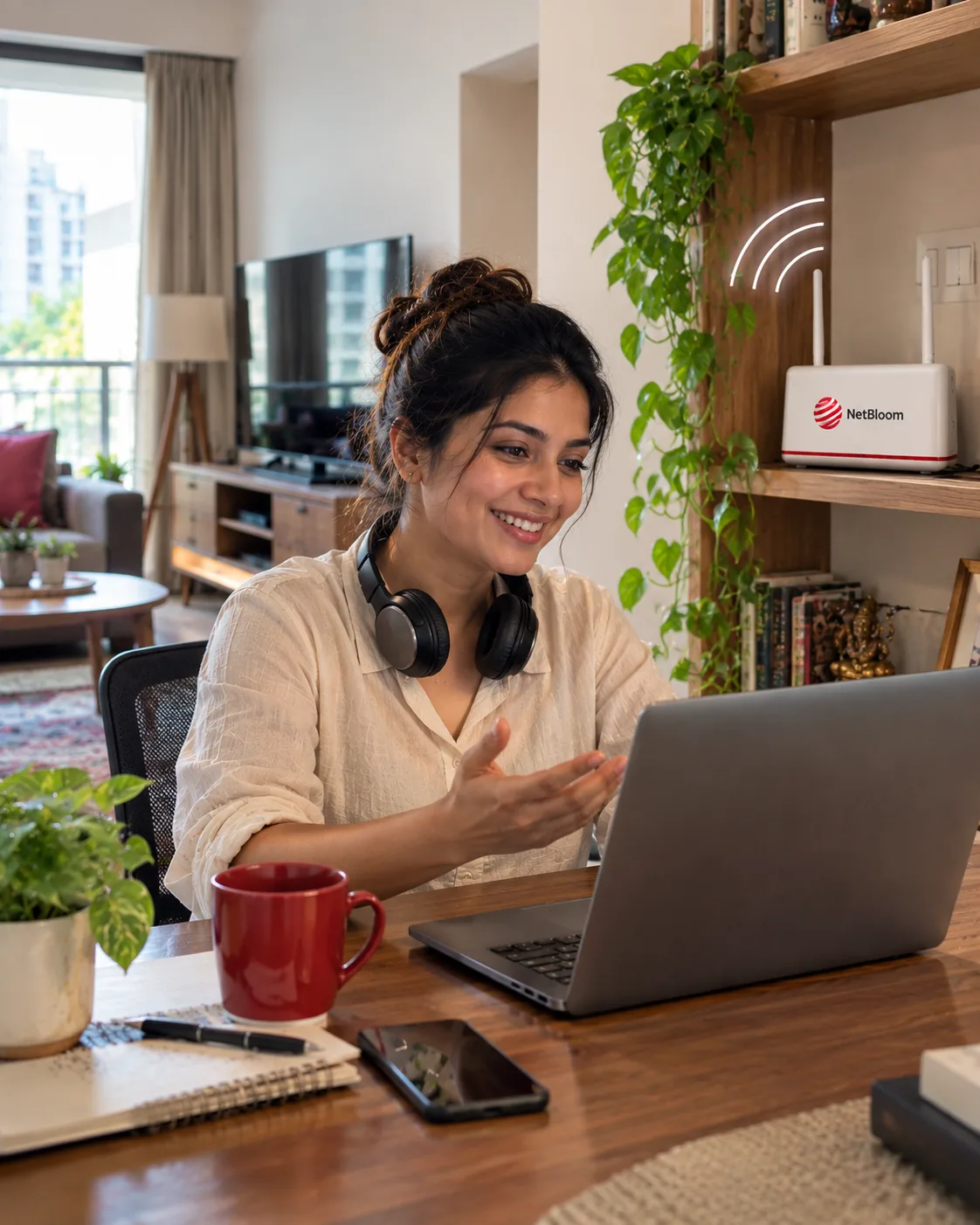 A woman on a video call at her home desk, with a NetBloom router on the shelf behind her